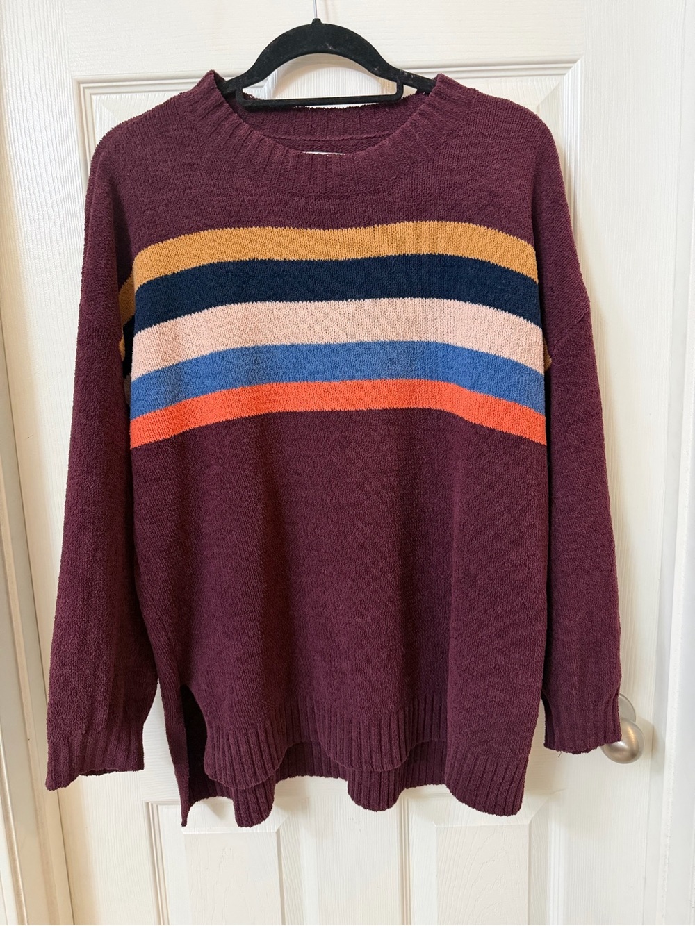 American Eagle Maroon Striped Chenille Oversized Crew Neck Sweater XS/S